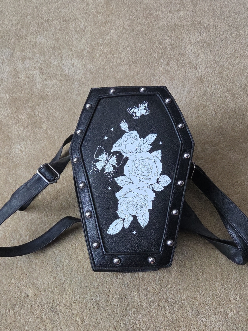 Black Coffin-Shaped Crossbody Bag with White Rose & Butterfly Print